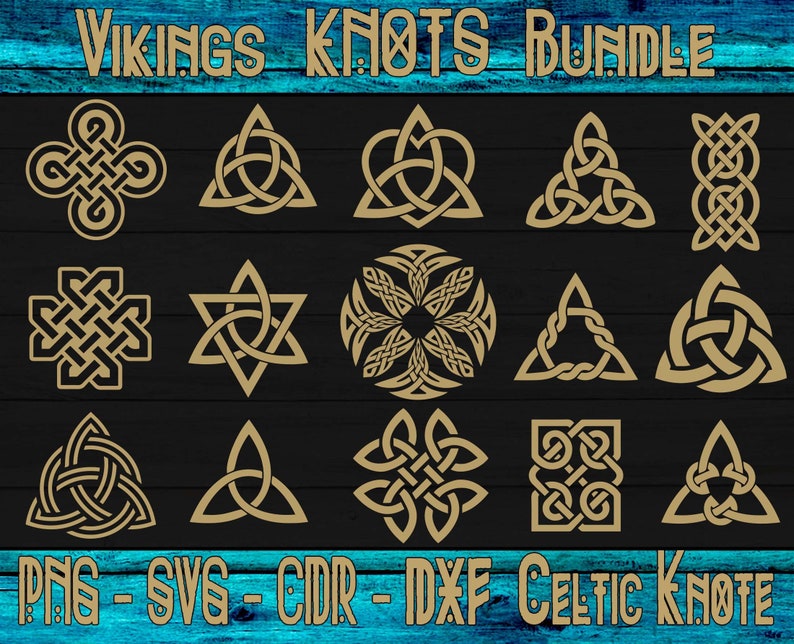 May include: A set of 15 gold Celtic knot designs, including a heart, a star, a circle, and various triangles. The designs are on a dark wood background. The text "Vikings Knots Bundle" is at the top of the image. The text "PNG - SVG - CDR - DXF Celtic Knot" is at the bottom of the image.