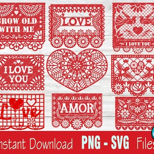 SVG Papel Picado-SVG Cricut pliki cięte szablony-miłość Papel Picado ozdoba na wierzch tortu-walentynki Cricut radość sylwetka