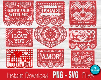 SVG Papel Picado - Modelos de arquivos de corte SVG Cricut - TOPO de bolo LOVE Papel Picado - Dia dos Namorados Cricut Joy Silhouette