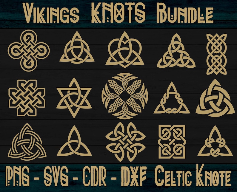 May include: A set of 16 gold Celtic knot designs, including a heart, star, circle, and triangle shapes. The designs are on a black background and are labeled "Vikings Knots Bundle".