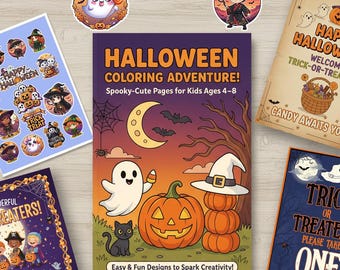 Páginas para colorir de Halloween para crianças | 50 folhas para imprimir + adesivos + pôsteres | Atividades divertidas de Halloween em PDF