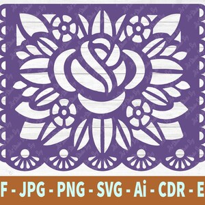 May include: Purple paper cut-out design with a floral pattern, including a large rose in the center. The design is perfect for a craft project or decoration.