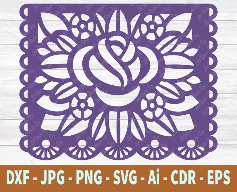 May include: Purple paper cut-out design with a floral pattern, including a large rose in the center. The design is perfect for a craft project or decoration.