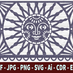May include: A black and white silhouette of a sun with a face, surrounded by rays. The sun is in a square frame with a scalloped border. The image is suitable for crafting projects like paper cutting, scrapbooking, and card making.