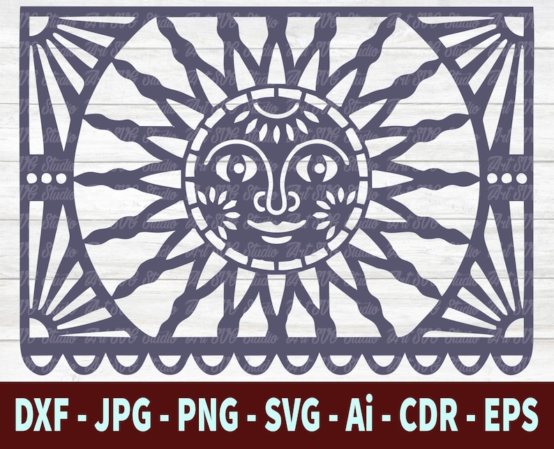 May include: A black and white silhouette of a sun with a face, surrounded by rays. The sun is in a square frame with a scalloped border. The image is suitable for crafting projects like paper cutting, scrapbooking, and card making.