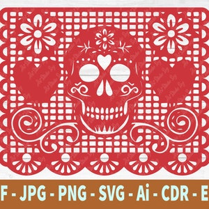 May include: Red paper cutout of a skull with flowers and hearts. The design is a traditional Mexican folk art style.