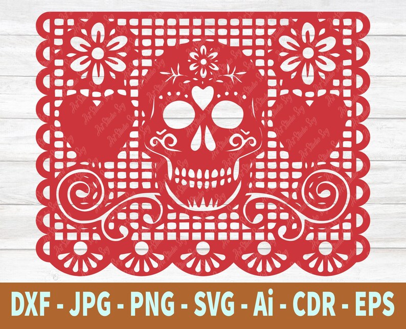 May include: Red paper cutout of a skull with flowers and hearts. The design is a traditional Mexican folk art style.