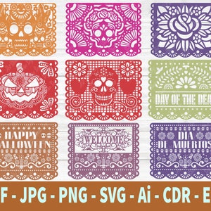 Papel Picado Clipart, laser cut files, Dia de Muertos, Day Of Dead Mexican Banner, Party Bunting, Papel Picado SVG, DXF FILES
