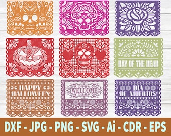 Papel Picado Clipart, laser cut files, Dia de Muertos, Day Of Dead Mexican Banner, Party Bunting, Papel Picado SVG, DXF FILES