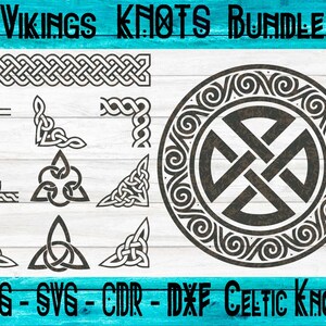 May include: A set of 10 black and white Celtic knot designs, including a large circular knot with a textured background, a border design, and various corner designs. The designs are on a white wood background. PNG - SVG - CDR - DXF Celtic Knot