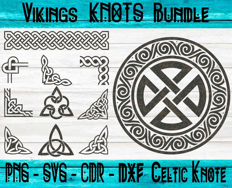 May include: A set of 10 black and white Celtic knot designs, including a large circular knot with a textured background, a border design, and various corner designs. The designs are on a white wood background. PNG - SVG - CDR - DXF Celtic Knot