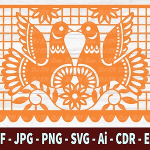 May include: Orange paper cut-out design with two birds and floral elements. The design is in a traditional Mexican style, often used for decorations during Dia de los Muertos.