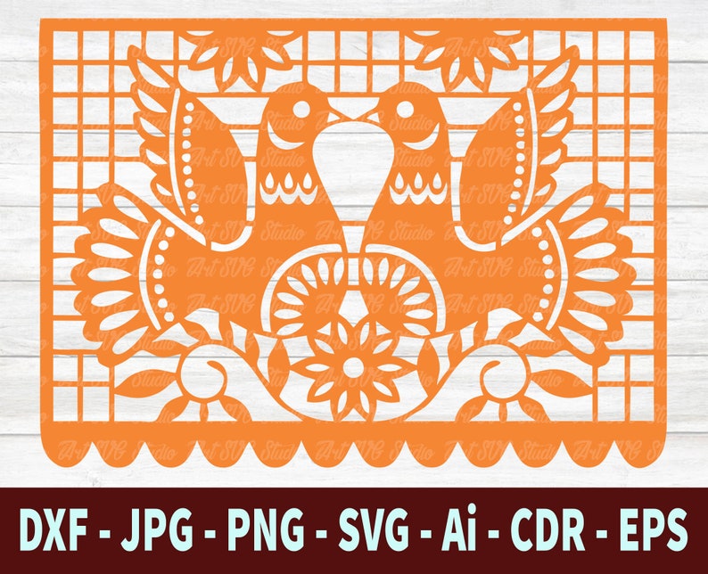 May include: Orange paper cut-out design with two birds and floral elements. The design is in a traditional Mexican style, often used for decorations during Dia de los Muertos.