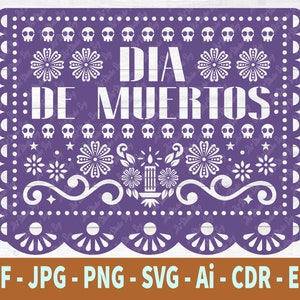 May include: Purple paper cut-out design with the text "DIA DE MUERTOS" in white. The design features skulls, flowers, and a candle.