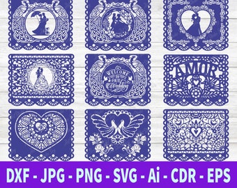 Pacote de decoração de casamento cortado a laser, estamenha de papel picado de casamento mexicano, banner de casamento de papel picado, cenário de casamento, decoração mexicana