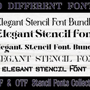 Puede incluir: Un fondo de madera blanco con texto negro que dice "10 FUENTES DIFERENTES" y "Elegant Stencil Font Bundle". El texto est&aacute; en diferentes fuentes, todas las cuales son fuentes de est&eacute;ncil. El texto tambi&eacute;n dice "TTF & OTF Stencil Fonts Collection".