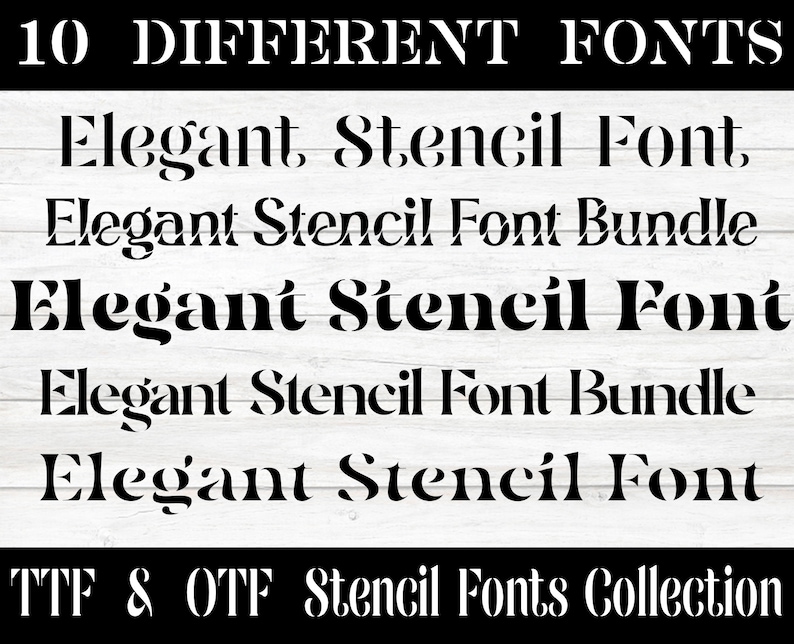 Puede incluir: Una descarga digital de 10 fuentes de est&eacute;ncil diferentes en formatos TTF y OTF. Las fuentes son elegantes y con estilo, perfectas para agregar un toque de clase a cualquier proyecto. La imagen muestra el texto "Elegant Stencil Font" en cinco estilos diferentes.