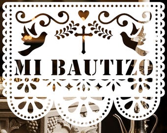 Papel Picado de Batismo SVG, Arquivo de Corte Digital Mi Bautizo, Faixa de Festa Mexicana, Silhueta Cricut PNG, EPS, Ai, Decoração de Batizado