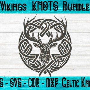 May include: Black and white illustration of a deer head inside a Celtic knot design. The design is circular and has a detailed, intricate pattern.  The image includes the text "VIKINGS KNOTS BUNDLE" at the top and "PNG - SVG - CDR - DXF CELTIC KNOT" at the bottom.