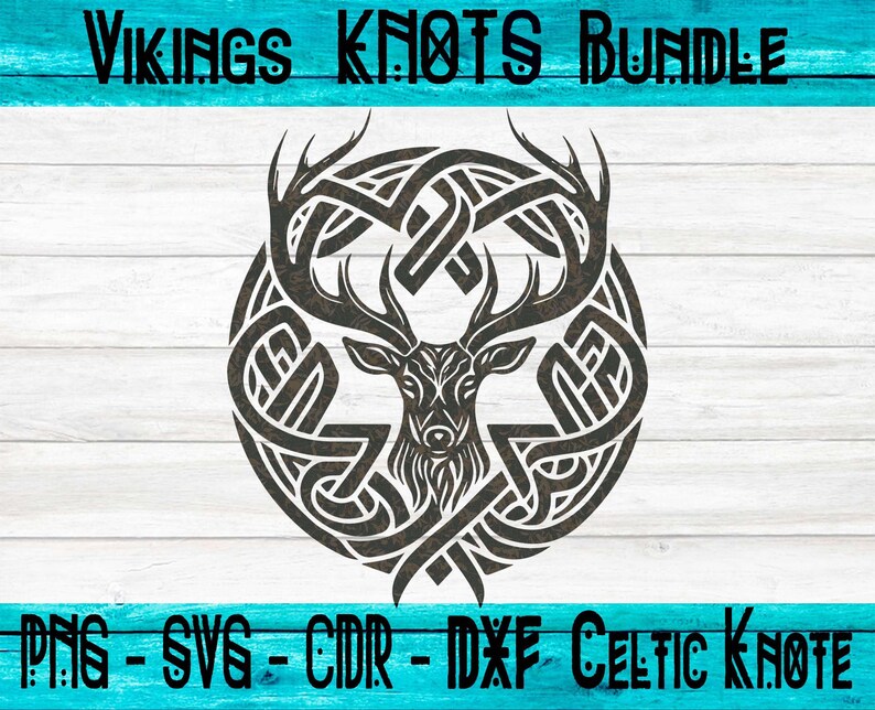 May include: Black and white illustration of a deer head inside a Celtic knot design. The design is circular and has a detailed, intricate pattern.  The image includes the text "VIKINGS KNOTS BUNDLE" at the top and "PNG - SVG - CDR - DXF CELTIC KNOT" at the bottom.