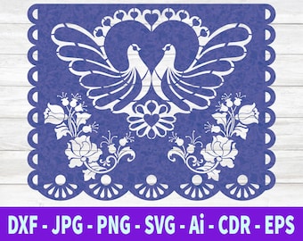 May include: A purple paper cutout with a white design of two doves with hearts and flowers. The design is in a traditional Mexican style.
