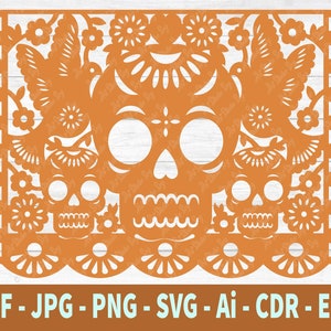 May include: Orange paper cut-out design of a Day of the Dead sugar skull with floral details and two birds. The design is perfect for crafting and decorating.