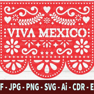 May include: Red and white paper cut-out design with a scalloped border. The design features flowers, hearts, and swirls. The text "VIVA MEXICO" is in the center of the design.