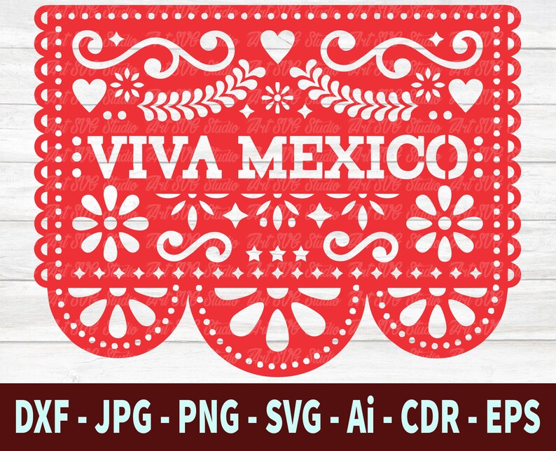May include: Red and white paper cut-out design with a scalloped border. The design features flowers, hearts, and swirls. The text "VIVA MEXICO" is in the center of the design.