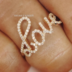 Diamond Love Stackable Ring, Script Love Ring, Anniversary Bands, Promise Ring Cursive Moissanite Love Ring, Romantic Ring Darling Gift Ring