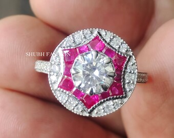 Antique Ruby Round Halo Ring, 1920s Era Engagement Wedding Ring Rare Vintage Fine Gemstone Jewelry Edwardian Ring, Handamde Ring Jewellery