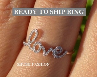 READY TO SHIP Love Ring Love Diamond Ring Script Love Ring, Love Diamond Ring, 925 Silver Love Ring
