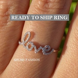 READY TO SHIP Love Ring Love Diamond Ring Script Love Ring, Ring size 6 us - 6 1/2 us & 8 us,  Love Diamond Ring, Cursive Diamond Love Ring