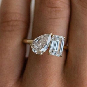 Double Stone Engagement Ring Pear Cut and Emerald Cut Two Stone Wedding Ring, White Yellow Rose Gold Ring, Two Diamond Ring, Toi et Moi Ring