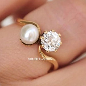 Vintage Estate Diamond and Pearl Engagement Ring, Women Yellow Gold Art Deco Pearl Wedding Unique Promise Ring, Pearl With Moissanite Ring