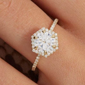 Hexagon Design Round Cut Engagement Ring Art Deco Anniversary Ring Gift Halo Diamond Half Eternity Unique Hexagon Shaped Bridal Wedding Ring