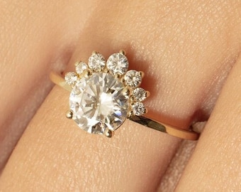 14k Yellow Gold Cluster Ring, Moissanite Starburst Ring, Diamond Sun Ring, Half Halo Engagement Ring, Modern wedding ring, Snowflake ring
