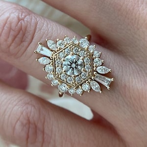 Unique Engagement Ring, Starburst Art Deco Vintage Wedding Engagement Ring Bridal Ring Halo Round Baguette Diamond Ring, Halo Starburst Ring