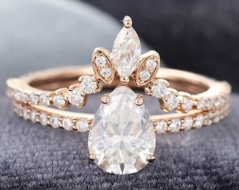 Pear Shape engagement ring set/ White gold Wedding ring Set/ vintage Curved Marquise cut Bridal ring/Anniversary gift /Art Deco Bridal Set