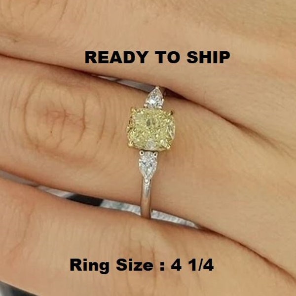 Ready To Ship Cushion Cut Canary Yellow Ring, Three Stone Engagement Ring, 925 Silver 7 US Size Ring, Christmas Gift Ring, Ready To Ship