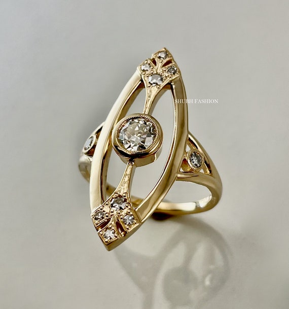 Stunning vintage moissanite ring Yellow gold Womens Edwardian Ring Antique Logenze Dinner Art Deco Ring Handmade Ring Unique Mothers Gift