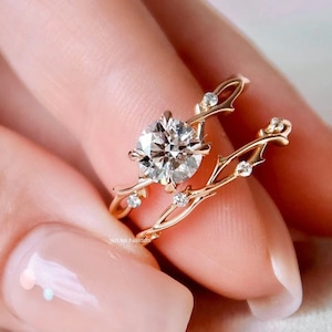 1 CT Dainty Twig Engagement Set, Rose Gold Branch Bridal Set, Nature Engagement Rings, Unique Twig Wedding Ring Set, Anniversary Ring Set