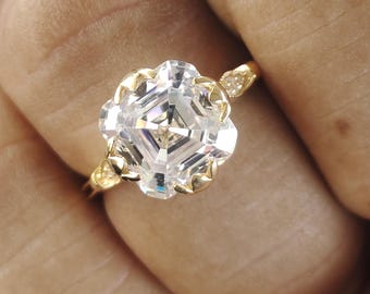 9 MM Asscher Cut Moissanite Verlobungsring, Jubiläumsring für Frauen, 14k Massivgold Asscher Cut Ring, Art-Deco-Hochzeit Versprechen Ring