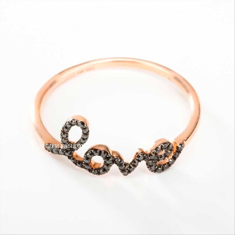 Love Black Diamond Ring Script Love Ring 14k Solid Gold Promise Band ...