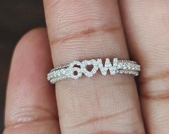 Personalised Initials Band, Customised 6 Heart W Ring, 925 Silver Two Word Custom Ring