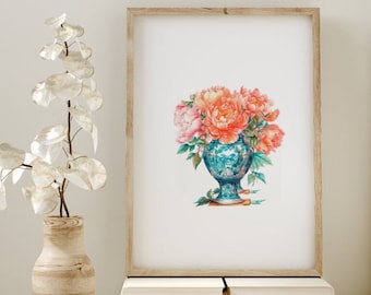 PRINTABLE Coral Peony Chinoiserie Vase Wall Art Print Style 2, DOWNLOADABLE Art. Nursery Kids Wall Art, Flower Floral Prints, Digital