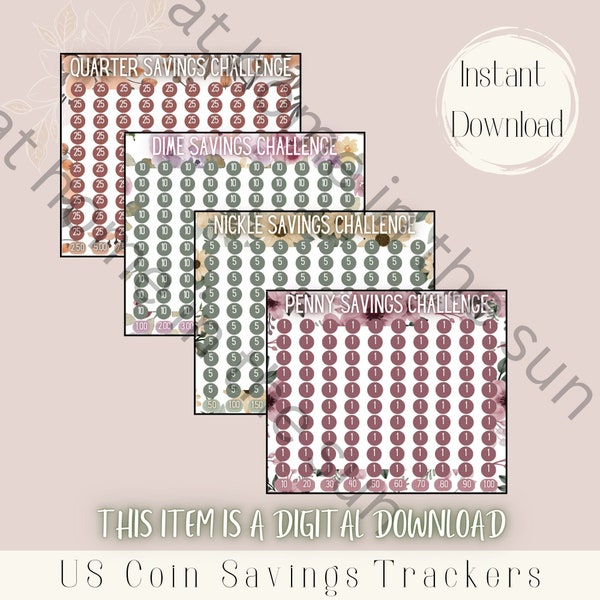 PRINTABLE Coin Savings Trackers, Coin Challenge, Printable Cash Stuffing Envelope Budgeting Save Change Money Low Income US Coins Digital