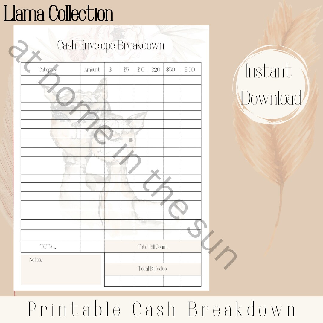 Printable Cash Breakdown Worksheet, Cash Envelopes Budgeting Planning ...