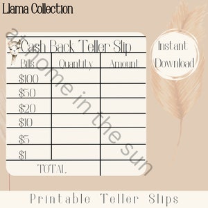 Printable Teller Slips, Cash Envelopes Sinking Funds, Bank Money Cash Stuffing, Downloadable Withdrawal, Cash Breakdown, Llama Boho DIY