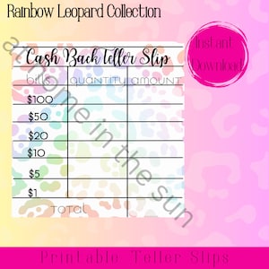 Printable Teller Slips, Cash Back Cash Envelopes Sinking Funds, Bank Money Stuffing, Digital Withdrawal, Cash Breakdown, Rainbow Leopard DIY