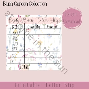 Printable Teller Slips, Cash Back Cash Envelopes Sinking Funds, Bank Money Stuffing, Digital Withdrawal, Cash Breakdown, Blush Garden DIY